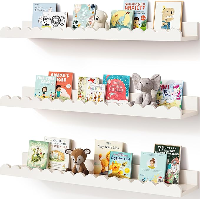 Onlysky Scalloped Shelves, Nursery Book Shelves, Floating Book Shelves for Wall, Toddler Nusery Deocr