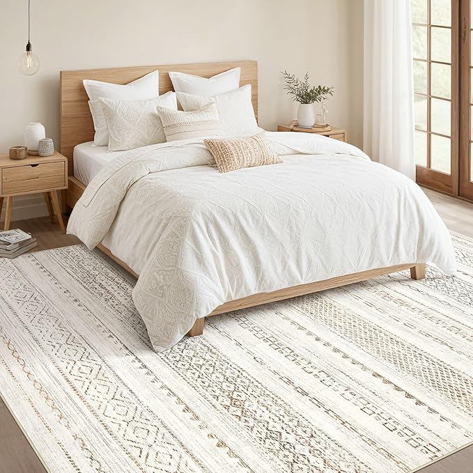 Nakagishi Area Rug Living Room Rugs: 7X9 Machine Washable Boho Large Neutral Farmhouse Stain Resistant Moroccan Indoor Floor Carpet for Bedroom Nursery Dorm Dining Room Home-Multi Color