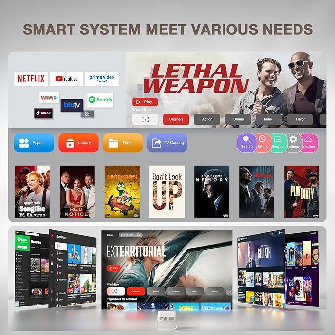 [Officially-Licensed App & Auto Focus]White Smart Mini Projector with WiFi and Bluetooth, XuanPad 4K Support Movie Projector, Portable Native 1080P Outdoor Projector with 360° Stand