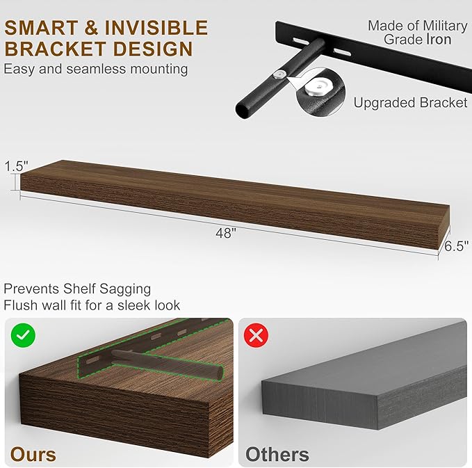 Fun Memories Floating Shelves for Wall, 48Inch Long Floating Shelves Set of 2, Hanging Shelf with Invisible Brackets, Wood Shelves for Living Room, Bedroom, Kitchen, Walnut