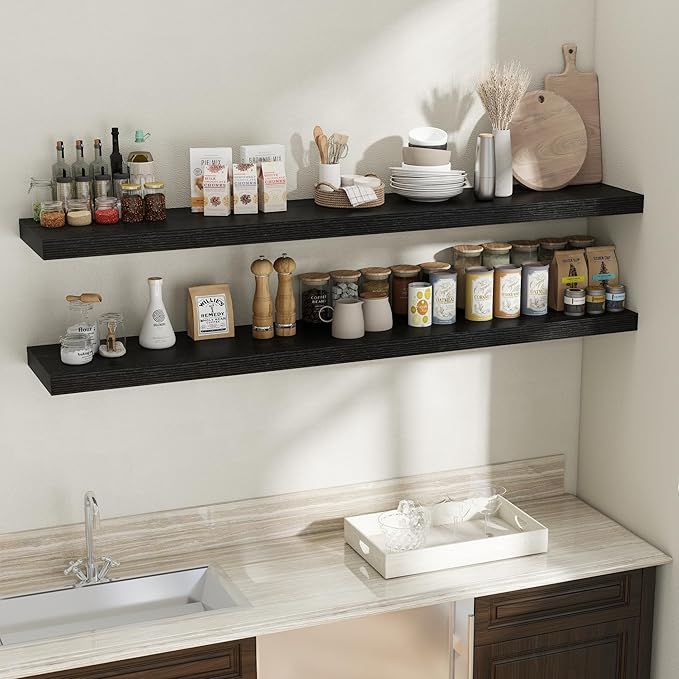 Fun Memories 72 Inch Floating Shelves, 12 Inch Deep Wall Shelf for Fireplace Mantel, Large Display Shelf & Storage Shelf, Wood Floating Wall Shelves for Home & Office, Black, Set of 2