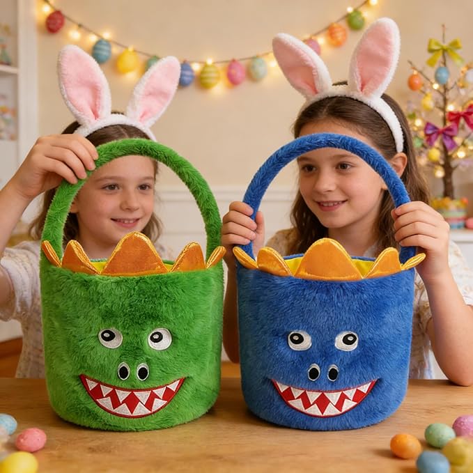 DearSun 2 Pcs Easter Basket Dinosaur Plush Baskets, Easter Egg Hunting Basket for Kids Gifts Party Decoration Supplies, Dia 8" * H 15.7"(Green & Blue Dinosaur)