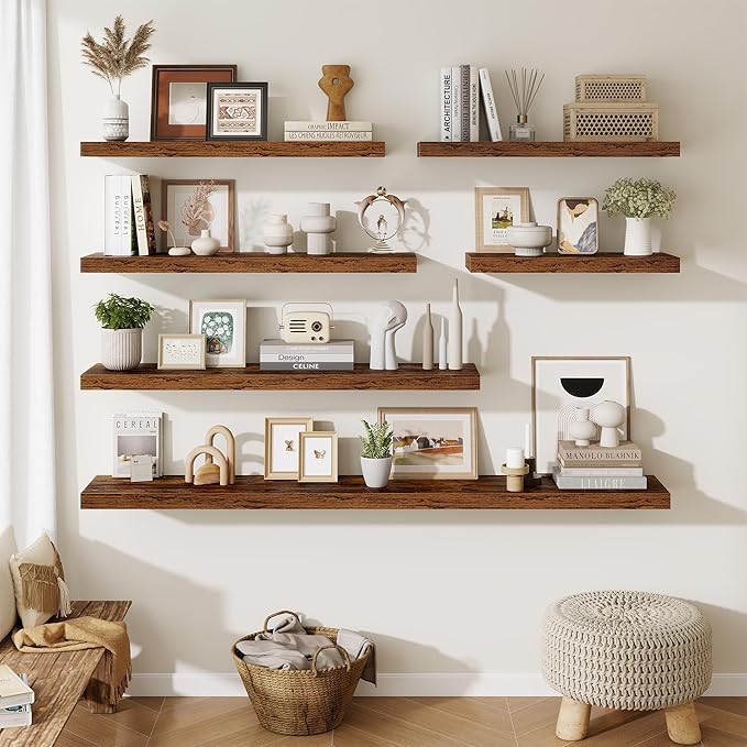 Fun Memories Floating Shelves for Wall, 32 Inch Long Floating Shelves Set of 2, 32 x 10 Wooden Shelves for Wall, Large Storage Shelves, Hanging Shelves for Bathroom Kitchen Bedroom, Rustic Brown