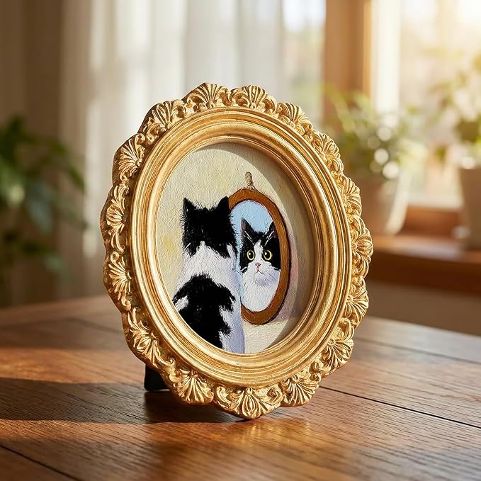 Small Funny Cat Mirror Round Picture Frame Wall Decor, Black White Cat Gold Mini Ornate Photo Frame for TableTop Desk 2.7in Photo, Whimsical Vintage Framed Artwork for Walls Office Bedroom