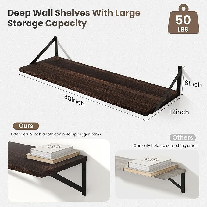 Marsmiles Deep Floating Shelves for Wall - 36 Inch Wide x 12 Inch Deep Wall Shelves Set of 2 - Rustic Wood Floating Shelves for Living Room Bedroom Bathroom