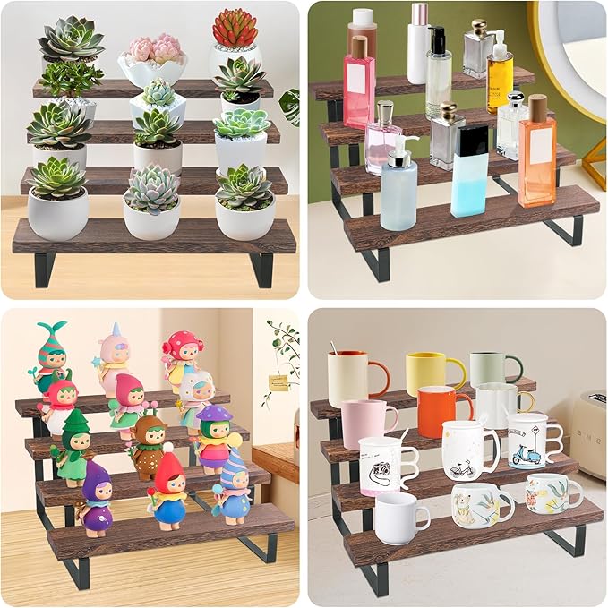 IHKFILAN Wooden Display Riser Stand,4 Tier 13.8IN Perfume Display Stand,Wood Rustic Cupcake Stand,Tiered Countertop Display Shelf for Figures,Condiment,Dolls Collection,Makeup,Cupcake,Perfume (solid wood)