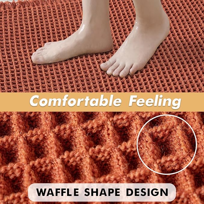 MIULEE Orange Set of 2 Waffle Bathroom Runner Rugs, Boho Bath Rug Non Slip Washable, Super Absorbent Runner Bath Mats, Rubber Backed Shower Mat for Hallway Bedroom Laundry Room, 2'x4'(24x48 Inch)