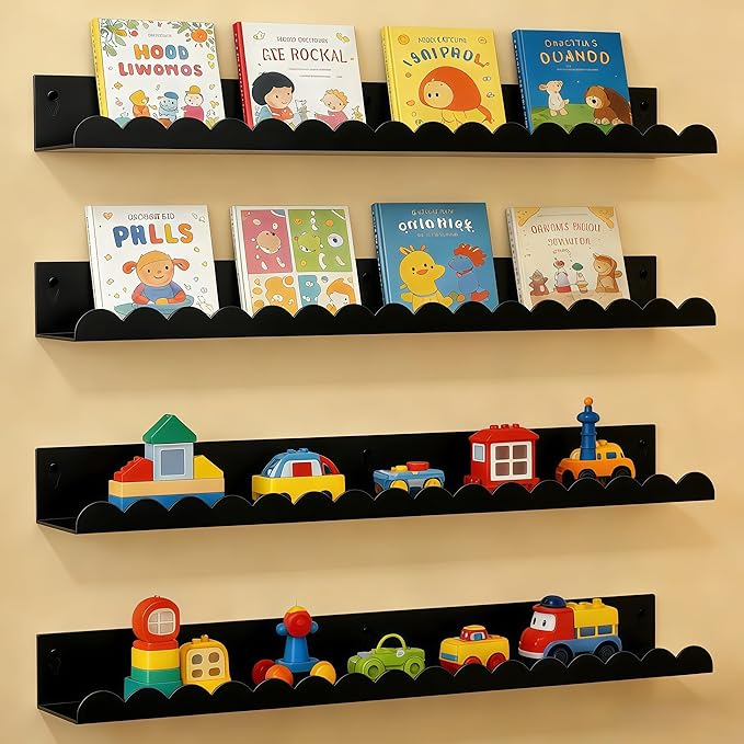 24 Inch Nursery Book Shelves Set of 4, Black Metal Floating Shelves for Wall, Scalloped Cloud Book Shelf for Kids Room, Bathroom, Bedroom, Playroom Wall Decor & Storage