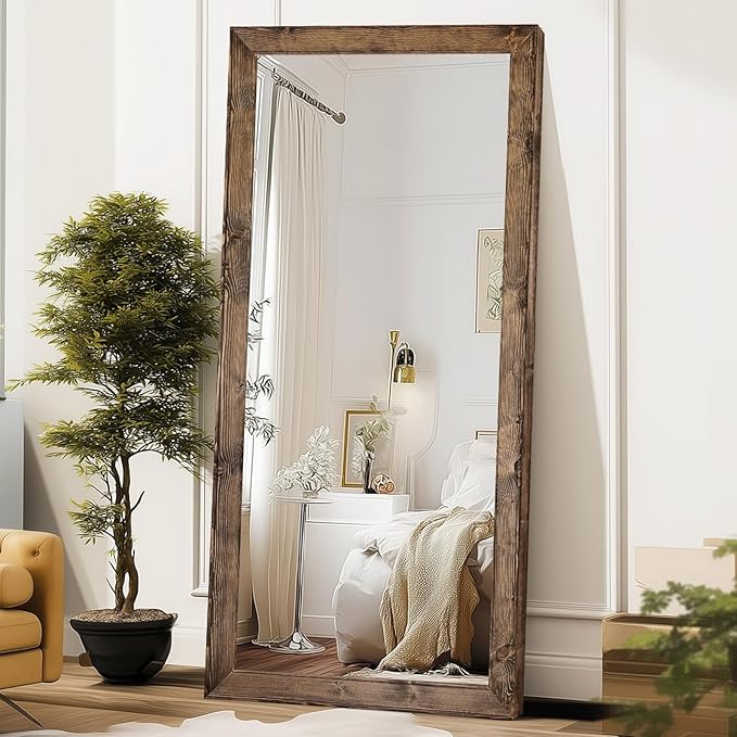 Oversized Brown Full Length Mirror 71"x32" - Solid Wood Beveled Frame Wall Leaning or Hanging Mirror - Rustic Farmhouse Style for Bedroom, Entryway, Living Room