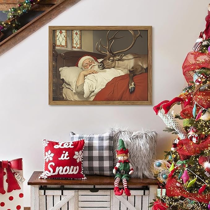 Framed Santa Christmas Wall Decor, Vintage Santa Reindeer Wall Art, Rustic Christmas Pictures Decor, Winter Holiday Paintings Artwork, Christmas Canvas Print for Home Decorations – 12x16in