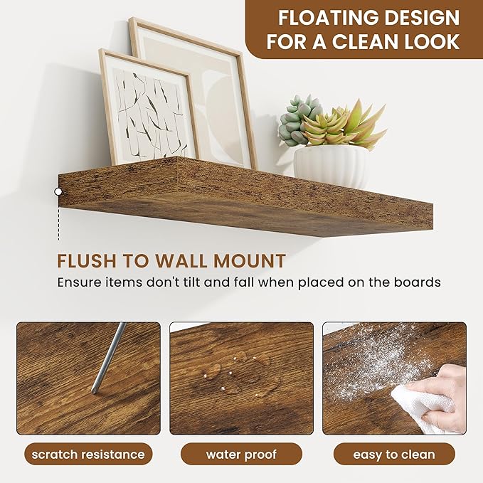 fuqing Floating Shelves for Wall, Wall Mounted Wood Floating Shelf with Invisible Brackets for Living Room, Bathroom, Bedroom, Kitchen Storage and Decor, 20 Inch Set of 2, Rustic Brown