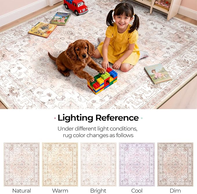 CAPALOCA Machine Washable Rugs Nursery Rug 9x12 Cute Girl Non Slip Low Pile Water Repellent Soft Print Pattern for Bedroom Indoor Decor Kids Playroom Pink