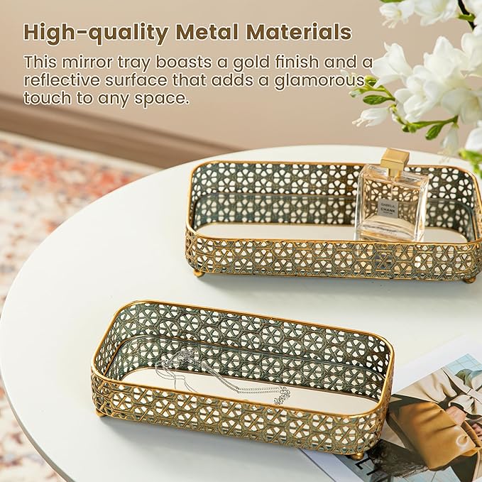 Glitzhome Set of 2 Oversized Gold Mirror Decorative Trays, Rectangular Metal Vanity Jewelry Perfume Tray Dresser Tray, Elegant Hollow-Carved Jewelry Organizer Makeup Trays