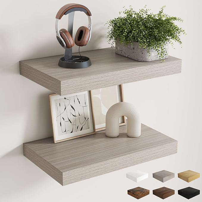 12 Inch Deep Floating Shelves for Wall, 20 x 12 Rustic Wood Grain Bathroom Shelves with Invisible Brackets, Easy Install Wood Storage Shelves for Kitchen, Living Room, Bedroom, Grey, Set of 2