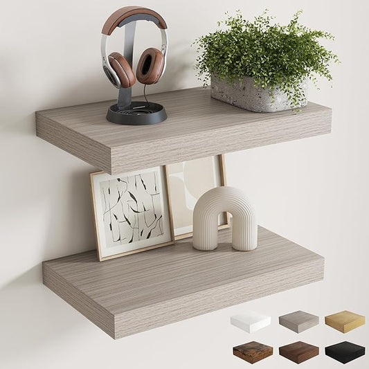12 Inch Deep Floating Shelves for Wall, 20 x 12 Rustic Wood Grain Bathroom Shelves with Invisible Brackets, Easy Install Wood Storage Shelves for Kitchen, Living Room, Bedroom, Grey, Set of 2
