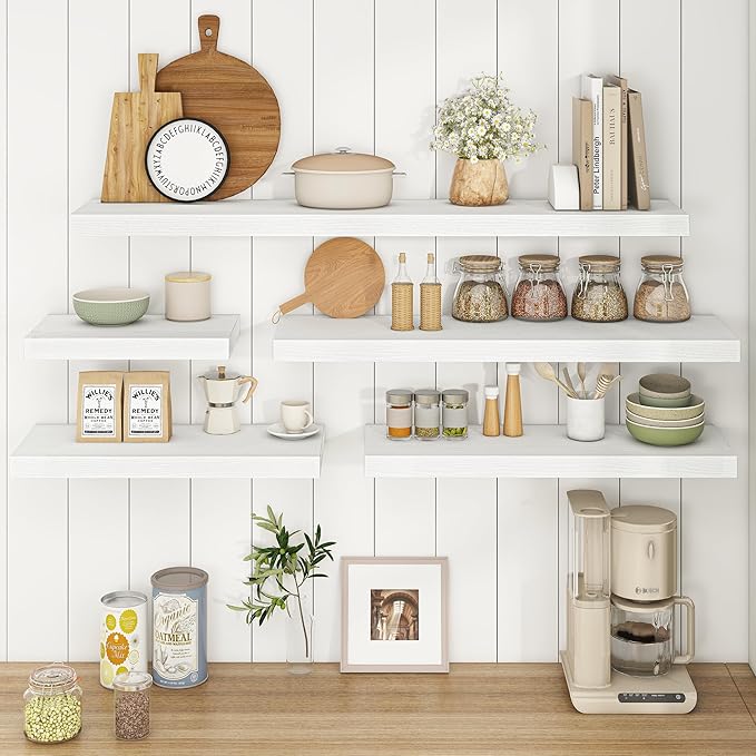 Fun Memories Floating Shelves - 9.3 Inch Deep Wall Shelf for Decor & Storage - Wall Mounted Display Shelving with Invisible Heavy-Duty Metal Bracket - 48" W x 9" D x 1.6" H - Set of 1 - Rustic White