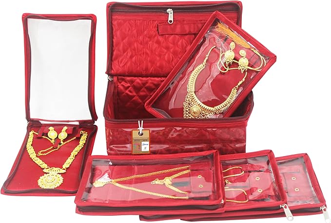 atorakushon Fabric Jewellery Organizer Make Up Kit with 5 Pouch (Maroon, Large)
