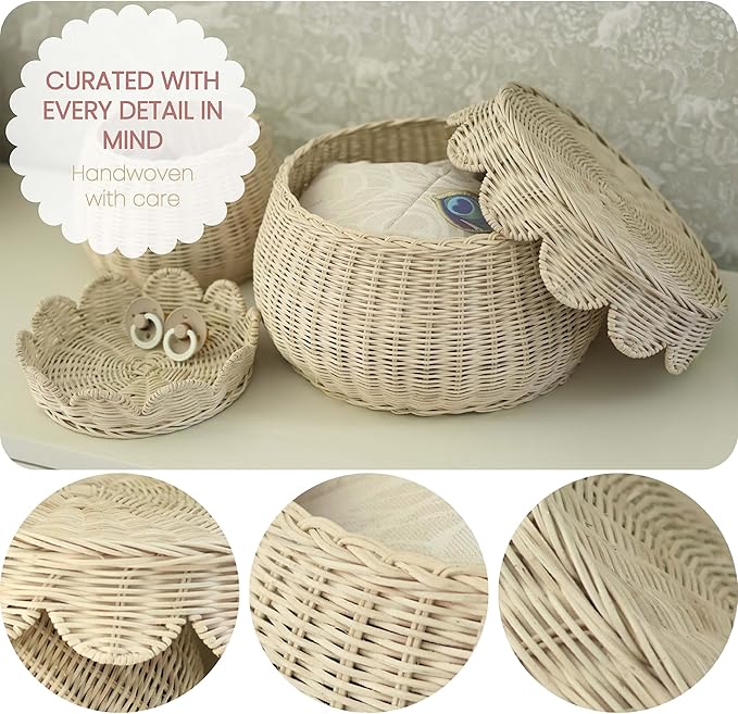 Scalloped Basket Set of 2 Small Natural Rattan Decorative Storage Baskets with Lids - Round Shape - Handwoven Natural Wicker Boho Décor for Shelves, Countertops & Gift Baskets.