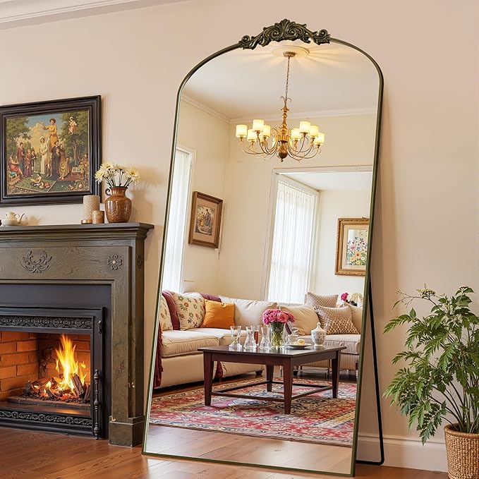 Antok Arched Full Length Mirror, 82"x44" Floor Mirror with Carved, Full Body Mirrors for HomeDecor, Standing/Halling Large Wall Mirror for Bedroom, Living Room, Cloakroom, Bronze, Retro Style