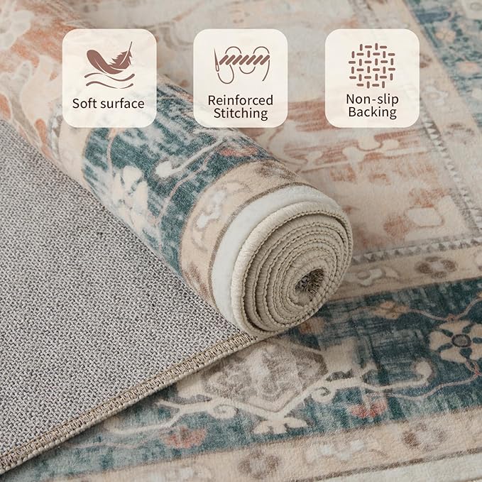 Rugxara 8X10 Orange Boho Rug,Large Washable Area Rugs for Living Room, Neutral Vintage for Office, Dining Room, Kids Room, Farmhouse, Low Pile Non Slip Carpet for High Traffic Areas, Coral