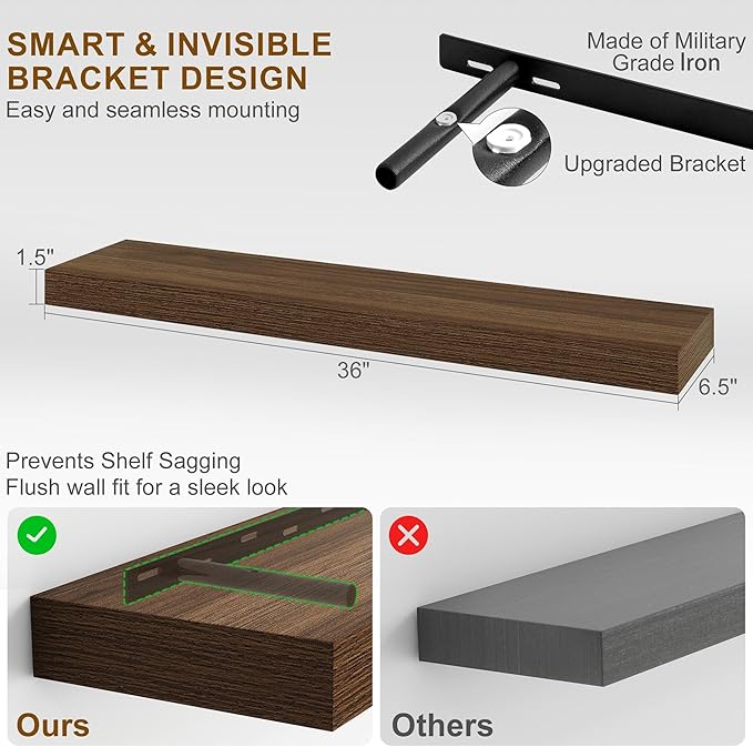 Fun Memories Floating Shelves for Wall, 36Inch Floating Shelves Set of 2, Hanging Shelf with Invisible Brackets, Bathroom Shelves for Living Room, Bedroom, Kitchen-Walnut