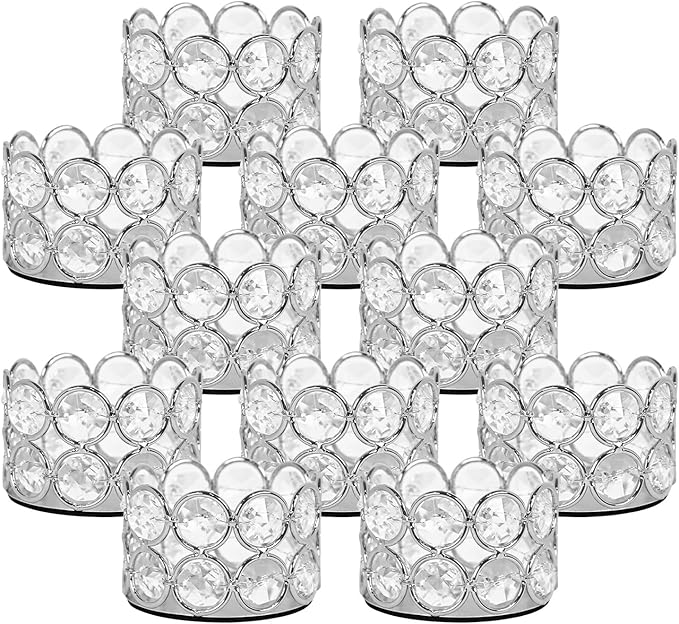 VINCIGANT Silver Crystal Tea Light Candle Holders Set of 12 for Wedding Home Table Centerpiece Decoration,Easter Gift(Candle Excluded)