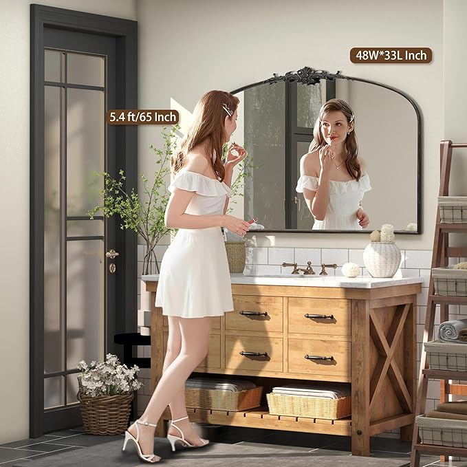 Besdomus Antique Arched Large Mirror: 48"x33" French Oversize Black Arch Vintage Vanity Wall Mounted Mirror - Baroque Decorative Traditional Ornate for Living Room/Fireplace/Bathroom/Entryway