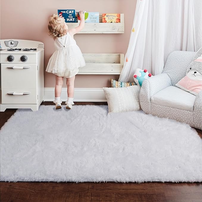 White Runner Area Rugs for Bedroom, Shag Fluffy Bedside Rug for Living Room, Modern Furry Shaggy Throw Rug for Kids Room, Teen Girls, Dorm, Baby Nursery, Cute Fuzzy White Carpet, 3x5 Rug, Home Decor