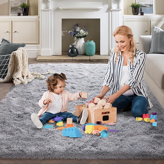 FinRèc Soft Grey Rugs for Bedroom Living Room, 3x5 Feet Fuzzy Shaggy Area Rug, Non-Slip Fluffy Furry Shag Rug for Nursery Kids Room Dorm Room Home Decor, Indoor Plush Floor Carpet