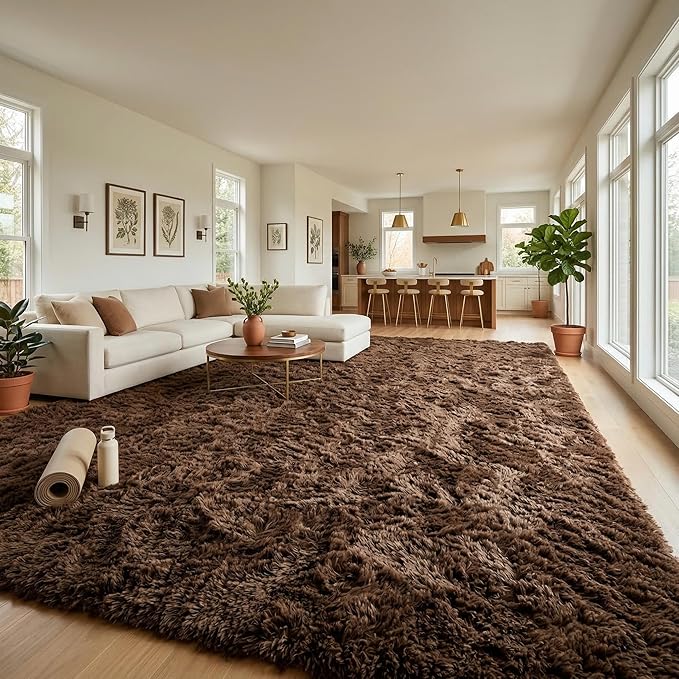 Large Area Rugs for Living Room, 7x10 Soft Fluffy Shaggy Rug, Machine Washable Non-Slip Plush Fuzzy Indoor Carpet, Aesthetic Home Decor for Bedroom,Kids Room,Nursery,Dorm, Coffee Brown