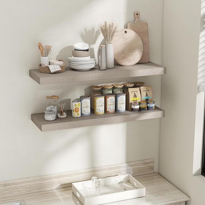 Fun Memories 12 Inch Deep Floating Shelves, 40 x 12 Floating Shelves for Wall Set of 2, Extra Deeper Hanging Wood Wall Shelves for Bedroom, Living Room, Kitchen, Grey