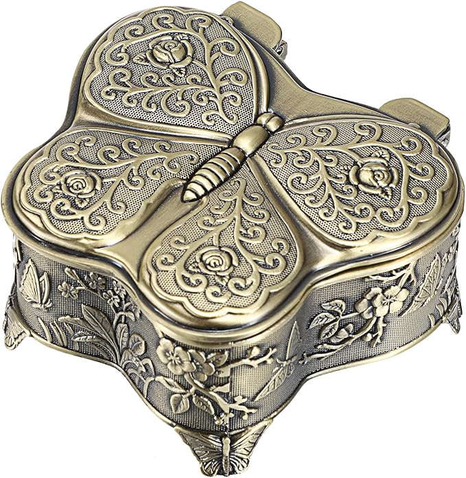 Hipiwe Butterfly Shape Jewelry Organizer Box Vintage Metal Jewelry Trinket Box Small Treasure Chest Ring Holder Earrings Necklace Storage Box Keepsake Box, Bronze
