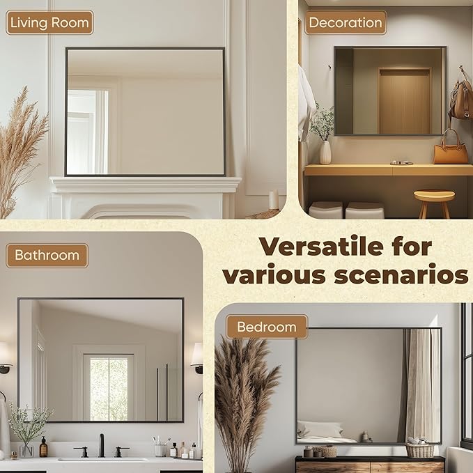 Antok 40x30 Black Metal Framed Bathroom Mirror, Wall Mirror with Rect Corners, Vanity Mirror for Over Sink, Anti-Rust Tempered Glass, Horizontal/Vertical Hanging for Bathroom, Living Room, Entryway