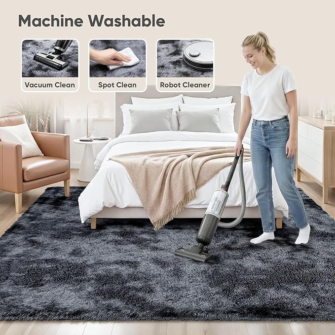 Area Rug for Living Room Bedroom: 9x12 Black Grey Soft Fluffy Shag Upgrade Non-Slip High Pile Carpet Large Fuzzy Plush Indoor Floor Decor Shaggy Rug for Kid Boys Girls Playroom Nursery Modern Home