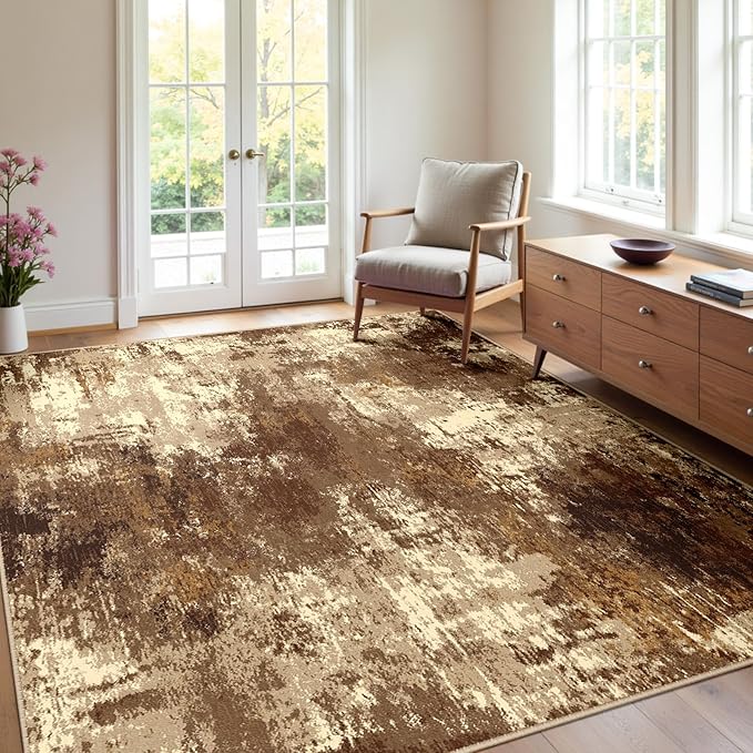RELEANY Washable Area Rugs 4'x6' Non-Slip Modern Abstract Soft for Living Room Entryway Bedroom Nursery, Print Pattern, Brown Tan Beige Coffee