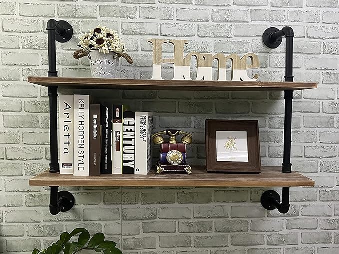 HDDFER Pipe Shelves Industrial Pipe Shelving Shelves Real Wood Industrial Floating Pipe Shelves with Wood Planks 36 inch Wall Shelves Rustic Hanging Bookshelf Farmhouse Kitchen Bar Shelving