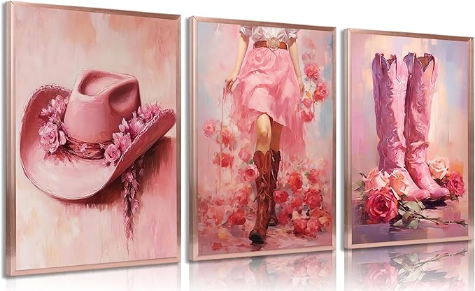 3Pcs Pink Cowgirl Canvas Wall Art Funky Cowgirl Boots Posters Prints Paintings Western Flower Boots Hat Aesthetic Pictures Wall Decor for Preppy Room Bedroom Apartment Decoration Unframed
