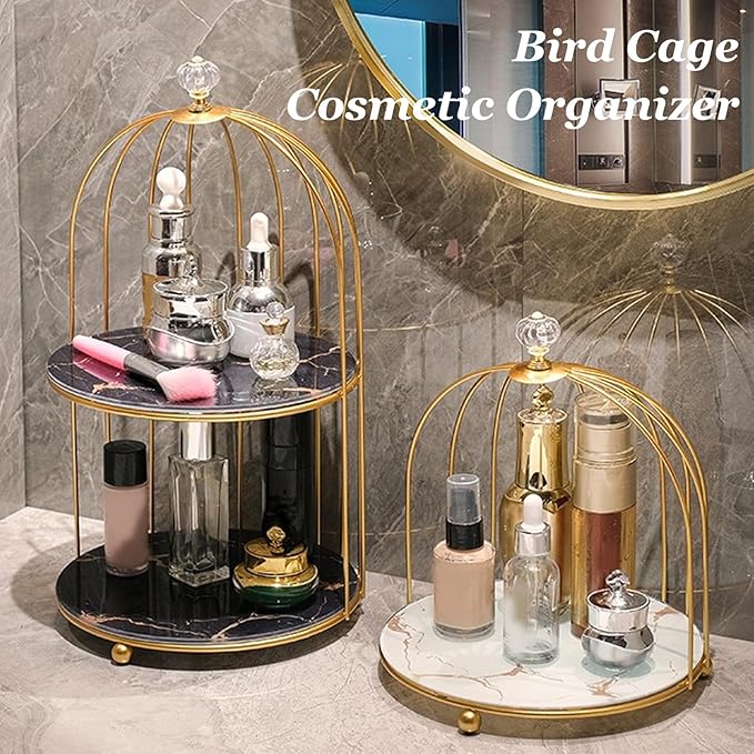Bird Cage Cosmetic Organizer,Cosmetic Rack Bird Cage Desktop Makeup Organizer Rack, Space Saving Iron Unique Makeup Display Rack for Home Bathroom, Gold (Double Layers)