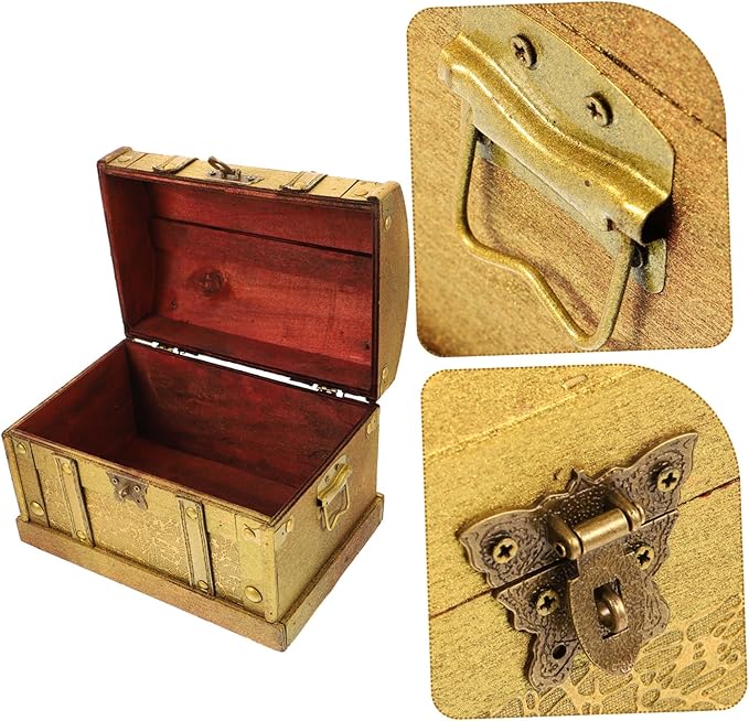 VALICLUD Vintage Wooden Pirate Treasure Chest Small with Metal Lock Elegant Jewelry and Keepsake Storage Box for Collectibles Gifts and Makeup Organizer Classic Design for Women and Party