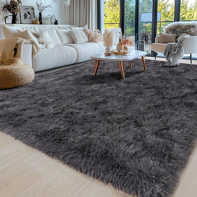 Area Rugs 9x12 for Living Room, Ultra Soft Fluffy Rugs for Bedroom, Non-Slip Furry Large Rug for Teen Girls and Boys,Nursery Kids Room Dorm Home Decor, High Pile Plush Floor Carpet, Charcoal Grey