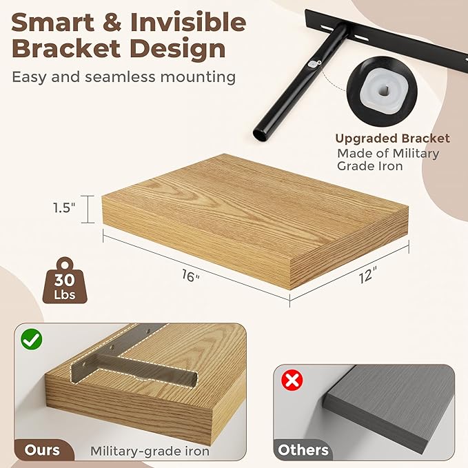 Fun Memories Floating Shelves for Wall, 12 x 16 Floating Shelf for Books, Rustic Wood Deep Storage Wall Shelf with Invisible Bracket - 16" Oak Shelves for Living Room & Bedroom, Set of 2