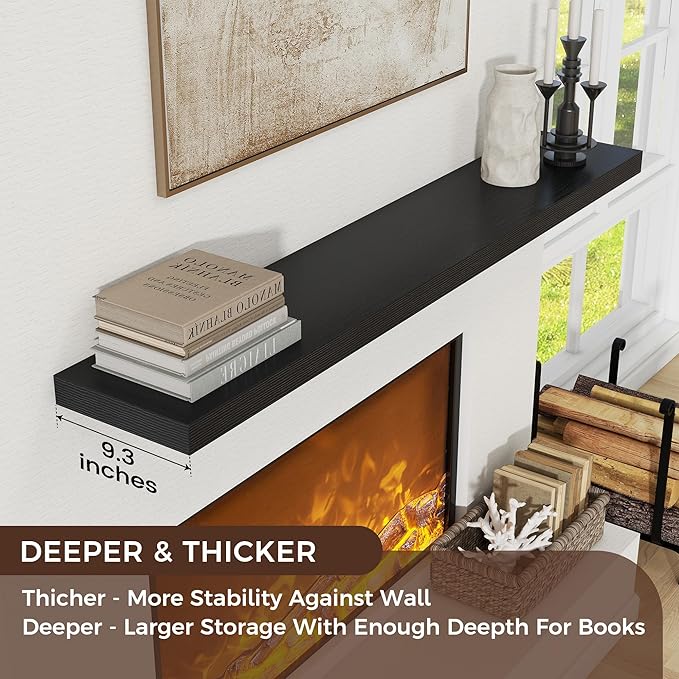 Venusmiles Floating Shelves for Wall, Engineered Wood Wall Shelves with Invisible Brackets for Living Room Bedroom Bathroom Office Kitchen Decor and Storage (Black, 55" W x 9" D x 1.5" H) Set of 1