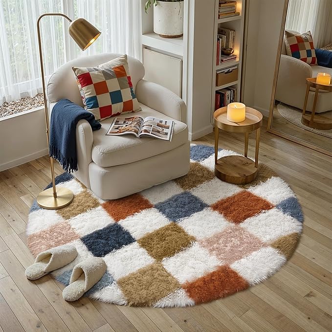 PureCozy Checkered Rug 4x4 for Living Room, Modern Rainbow Shag Rug Super Soft Washable Indoor Fuzzy Carpet Non-Slip Fluffy Rugs for Bedroom Home Aesthetic Decor