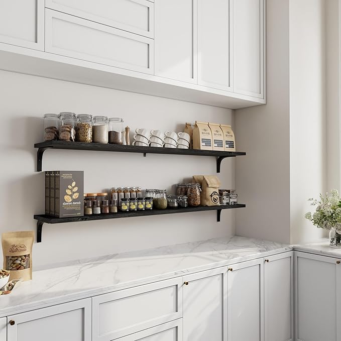 12 Inch Deep Floating Shelves Set of 2, 60 Inch Extra Wide Black Solid Wood Wall Shelves, 5ft Heavy Duty Farmhouse Wall Mounted Shelving for Kitchen, Living Room & Bedroom