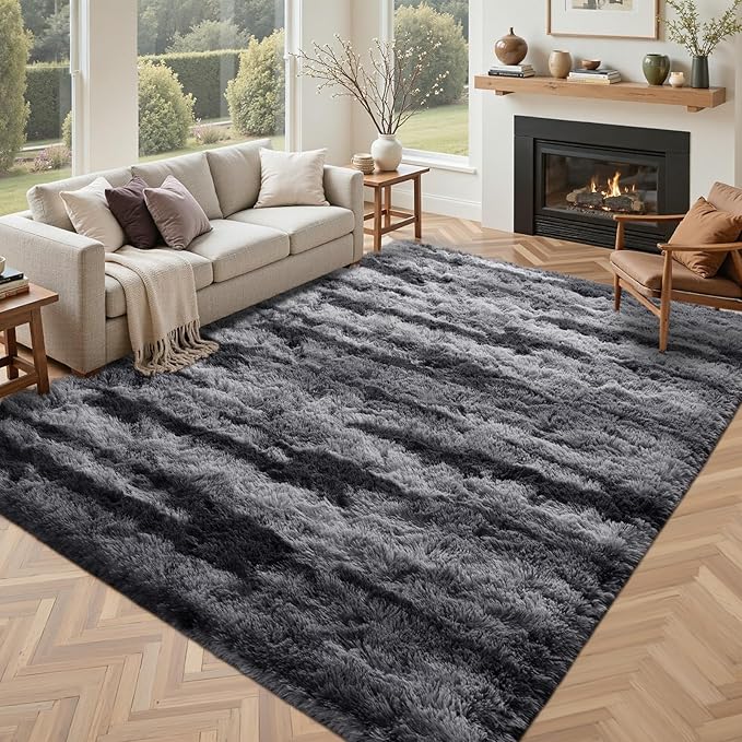 5x7 Ft Large Shag Rug for Living Room Bedroom,Tie-Dyed Ultra Soft Fluffy Furry Area Rug, Aesthetic Carpet for Indoor Floor Home Decor (Black)