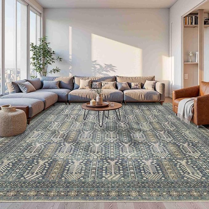 Rugxara 9x12 Washable Area Rugs for Living Room - Large Rugs,Floral Boho Vintage Rug,Soft & Non-Slip,Low Pile Wool Carpet for Indoor Dining Room,Girls Room,Nursery Room and Kids Room(Ivory Blue)