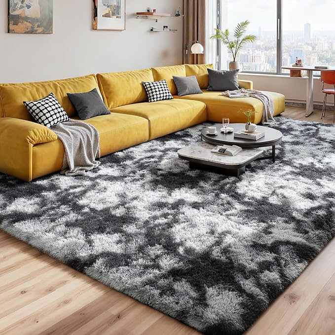 Modern Soft Fluffy Small Shaggy Rug for Bedroom Livingroom Dorm Kids Room Indoor Home Decorative, Non-Slip Plush Furry Fur Area Rugs Comfy Nursery Floor Carpet 7X10 Feet,Tie-Dyed Deep Grey