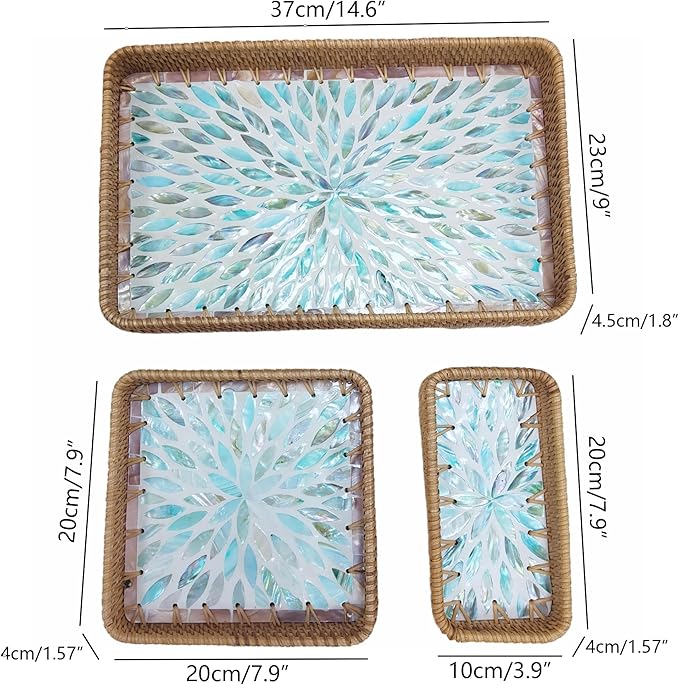 i-lan Set of 3 15" Rectangular Rattan and Blue Mother of Pearl Serving Tray,Boho Rectangule Natural Rattan Woven Trays,Natural Wicker Decorative Serving Baskets for Entryway Kitchen Bathroom Counter