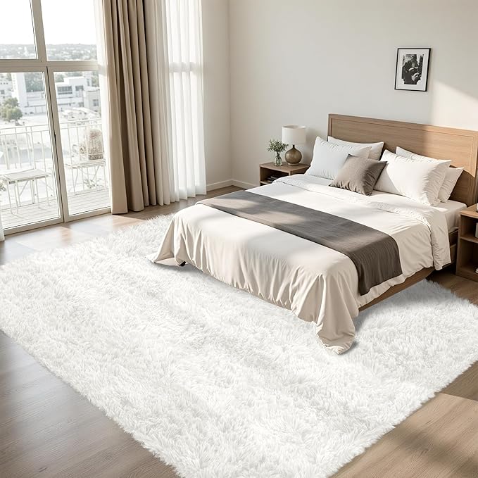 8x10 Area Rug for Living Room:Ultra Soft Fluffy Shag White Rugs,Large Fuzzy Plush Indoor Non Slip Carpet Washable Rug for Bedroom Kids Nursery Office Dorm Modern Decor(White 8'x10')