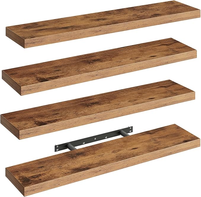 RALGEND Floating Shelves for Wall, 31.5" Long Wall Shelf Set of 4 with Invisible Brackets, 1.5" Thick Hanging Shelves Farmhouse Home Decor for Bathroom, Living Room, Bedroom, Rustic Brown 8301BJP4BF
